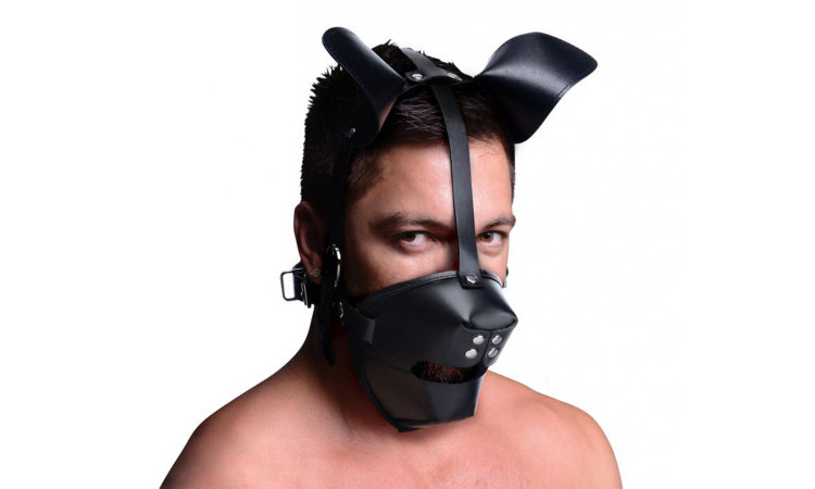 Puppy Play Mask With Ball Gag - Black - Image 1