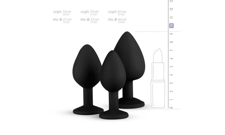 Silicone Buttplug Set with Diamond - Black - Image 11