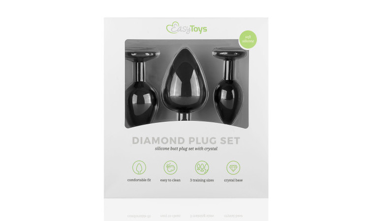 Silicone Buttplug Set with Diamond - Black - Image 6