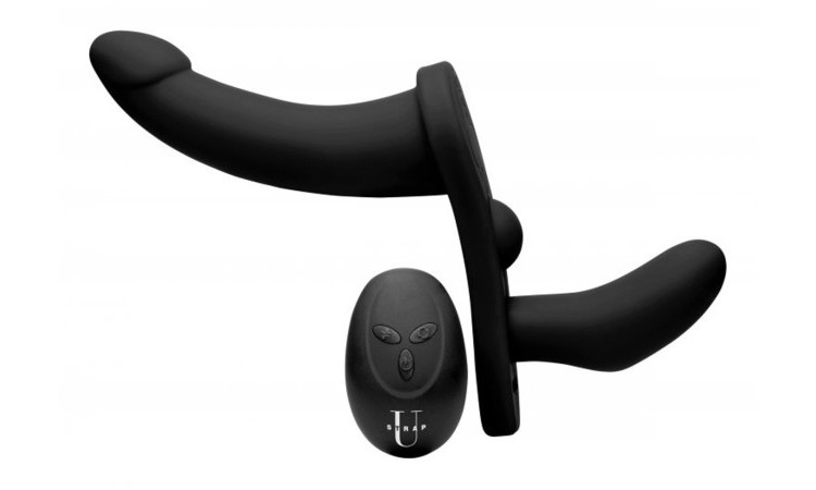 Double Take - Vibrating Double Strap-On - Black - Image 1