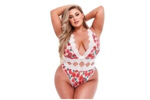 Baci - White Floral & Lace Thong Bodysuit - Curvy