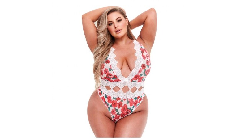 Baci - White Floral & Lace Thong Bodysuit - Curvy - Image 1