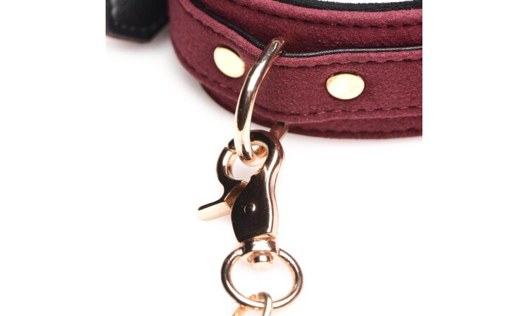 6-Piece BDSM Suede Cuff Set With Collar And Strap - Burgandy - Image 3