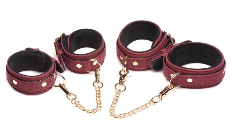 6-Piece BDSM Suede Cuff Set With Collar And Strap - Burgandy - Image 5