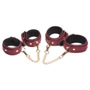 6-Piece BDSM Suede Cuff Set With Collar And Strap - Burgandy - Image 5