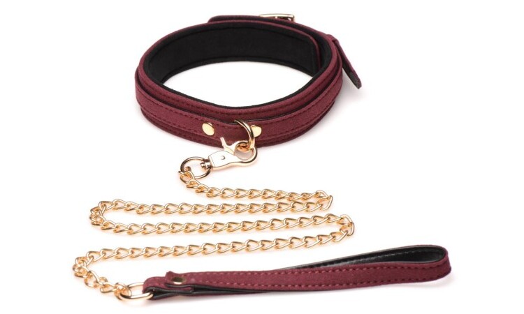 6-Piece BDSM Suede Cuff Set With Collar And Strap - Burgandy - Image 6