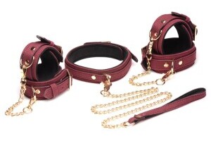6-Piece BDSM Suede Cuff Set With Collar And Strap - Burgandy