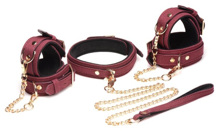 6-Piece BDSM Suede Cuff Set With Collar And Strap - Burgandy - Image 1