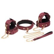 6-Piece BDSM Suede Cuff Set With Collar And Strap - Burgandy - Image 1