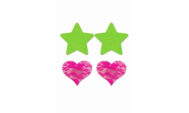 Nipple Stickers Star & Heart 2 pieces - Neon Green/Neon Pink - Image 1