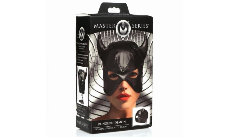 Dungeon Demon Bondage Mask with Horns - Black - Image 5