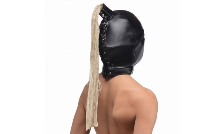 Blonde Ponytail Bondage Hood - Black - Image 4