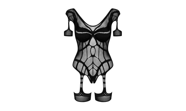 Mesh Bodystocking With Garter Design - Black - Image 6