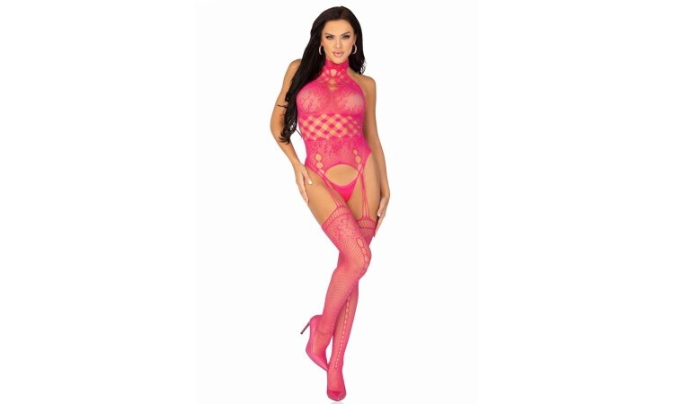 High Neck Garter Catsuit - Pink - Image 6