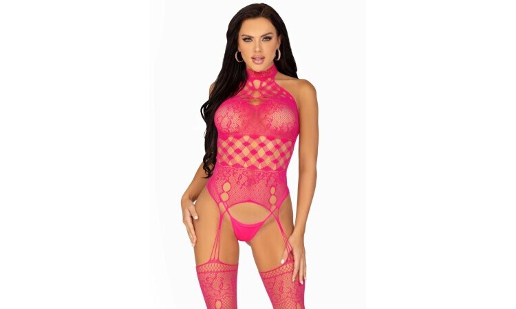 High Neck Garter Catsuit - Pink - Image 1